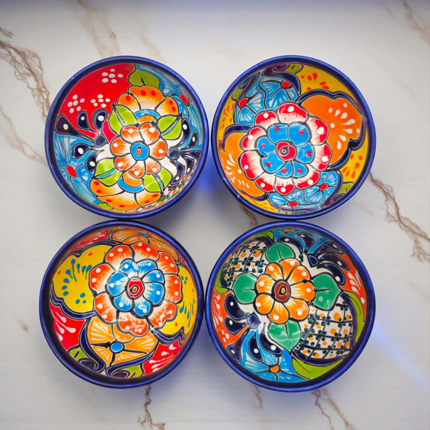 Talavera Salsa Bowl | Handcrafted Mexican Molcajete - set of four hand-painted vibrant ceramic salsa bowls with floral designs