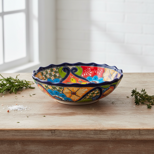 Front view of a colorful hand-painted Talavera scalloped bowl