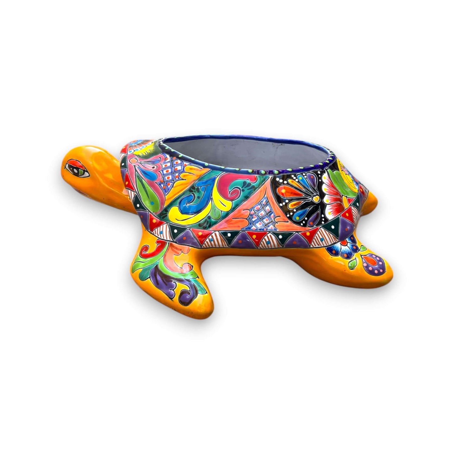 Talavera Sea Turtle Planter | Hand-Painted Mexican Ceramic Pot, vibrant hand-painted Talavera turtle planter with floral patterns