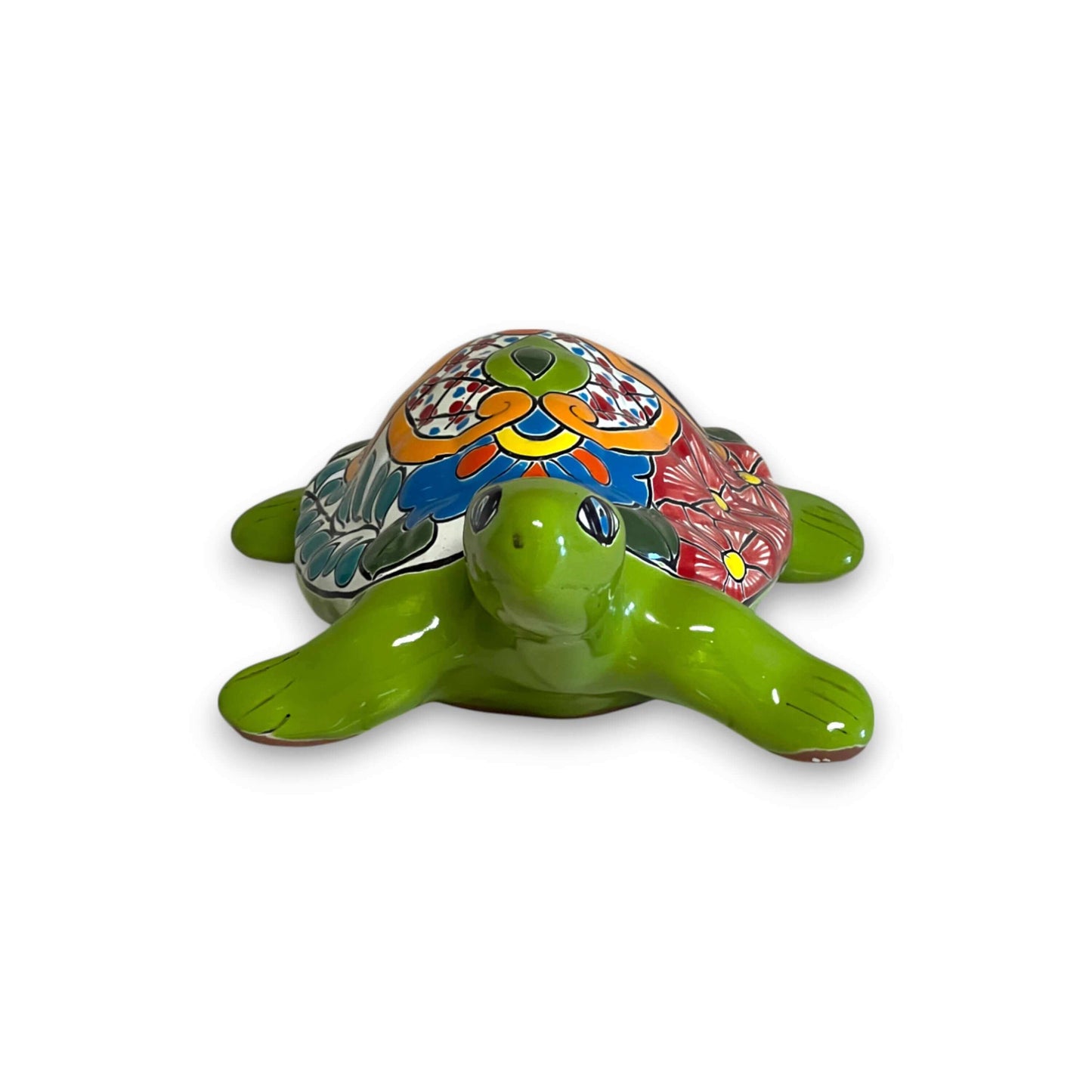 Talavera Sea Turtle Statue | Colorful Hand-Painted Mexican Decor - hand-painted green Talavera sea turtle with floral shell, kiln-fired, lead-free glaze