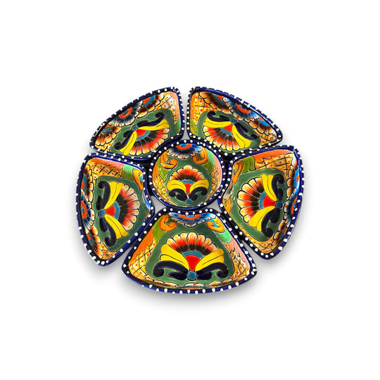 Talavera Sectional Appetizer Tray | Mexican Hand-Painted Pottery - hand-painted five-section Talavera serving tray from Guanajuato with vibrant floral motifs