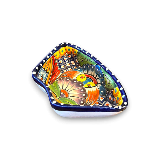 Talavera Sectional Appetizer Tray | Mexican Hand-Painted Pottery — triangular hand-painted Talavera appetizer tray with vibrant floral and geometric designs