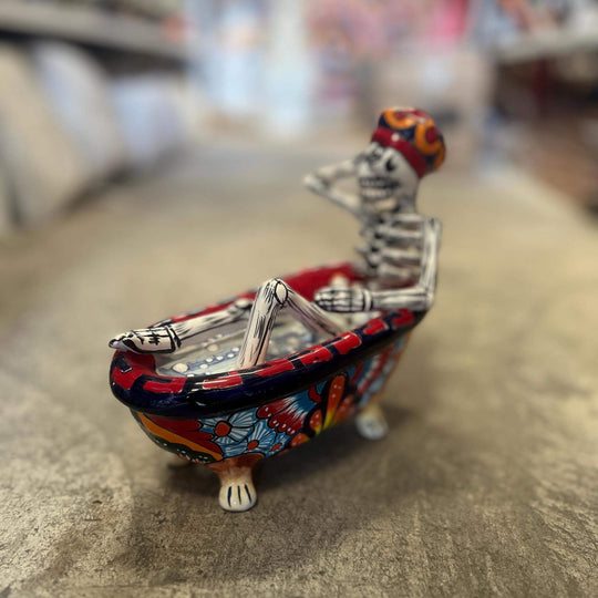 Talavera Skeleton Figurine | Day of the Dead Bathtub Statue hand-painted Talavera skull in colorful floral clawfoot tub