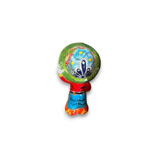 Talavera Skeleton Statue | Day of the Dead Figurine with Sombrero - hand-painted Talavera skeleton man with red sombrero and colorful outfit