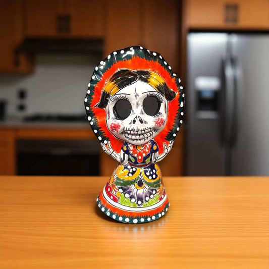 Talavera Skeleton Woman | Day of the Dead Figurine in Traditional Dress, hand-painted 5" Talavera skeleton woman with red-rimmed bonnet