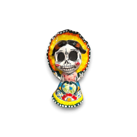 Talavera Skeleton Woman | Day of the Dead Figurine in Traditional Dress - hand-painted 5" Talavera skeleton woman in folkloric dress and red-rimmed bonnet