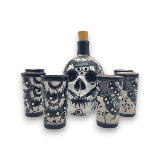 Talavera Skull Decanter with 6 Shot Glasses | Mexican Bar Set hand-painted black and white Day of the Dead ceramic decanter with six matching cups