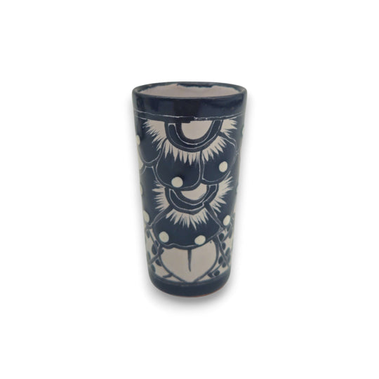 Talavera Skull Decanter with 6 Shot Glasses | Mexican Bar Set - hand-painted black & white Talavera shot glass with floral geometric motifs