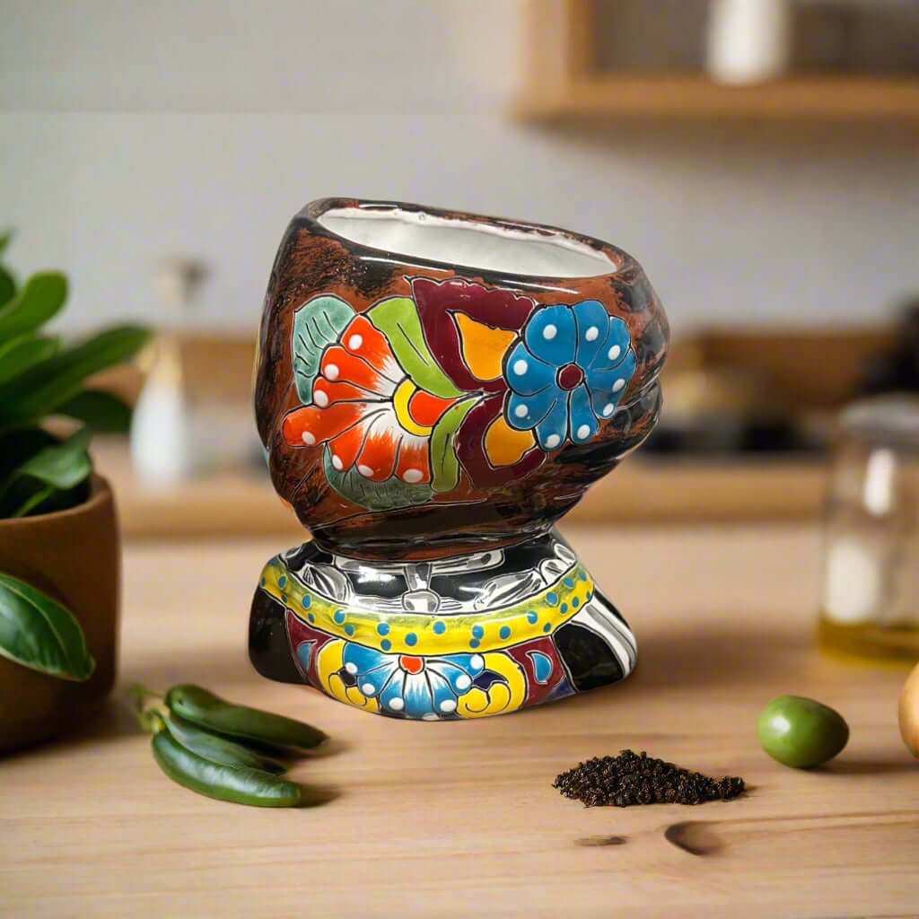 Talavera Skull Girl Planter | Hand-Painted Day of the Dead Pot - hand-painted Talavera seated skull girl planter with colorful floral motifs