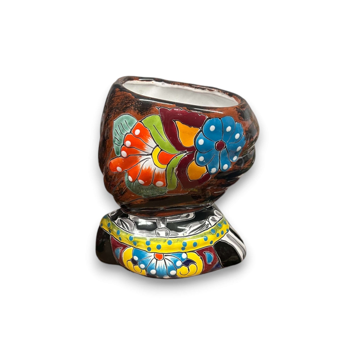 Talavera Skull Girl Planter | Hand-Painted Day of the Dead Pot - hand-painted Talavera ceramic skull girl planter with braided hair and colorful floral motifs