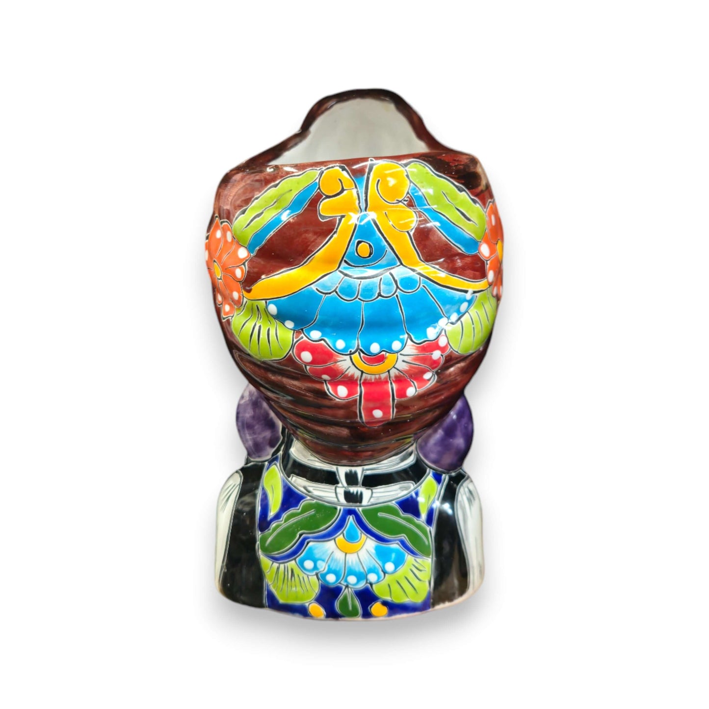 Talavera Skull Lady Planter | Colorful Day of the Dead Art hand-painted Talavera skull lady planter with bright red blue yellow green patterns