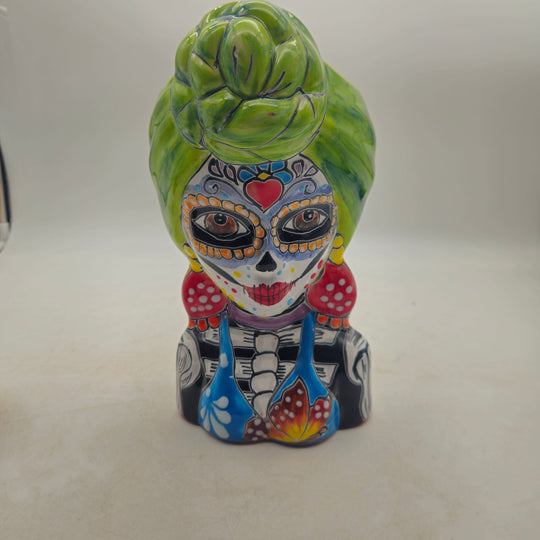 Talavera Skull Lady Planter — TGH-6236; actual product against its original background.