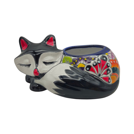 Talavera Sleeping Fox Planter | Hand-Painted Mexican Pottery, serene fox shape with vibrant colors, perfect for home decor.