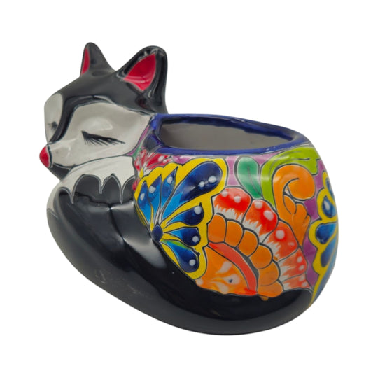 Talavera Sleeping Fox Planter | Hand-Painted Mexican Pottery featuring vibrant colors and intricate floral patterns.