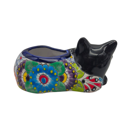 Talavera Sleeping Fox Planter | Hand-Painted Mexican Pottery with vibrant floral patterns and serene fox shape.