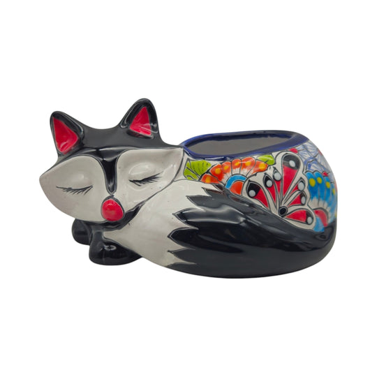 Talavera Sleeping Fox Planter | Hand-Painted Mexican Pottery featuring a serene fox shape and vibrant patterns.