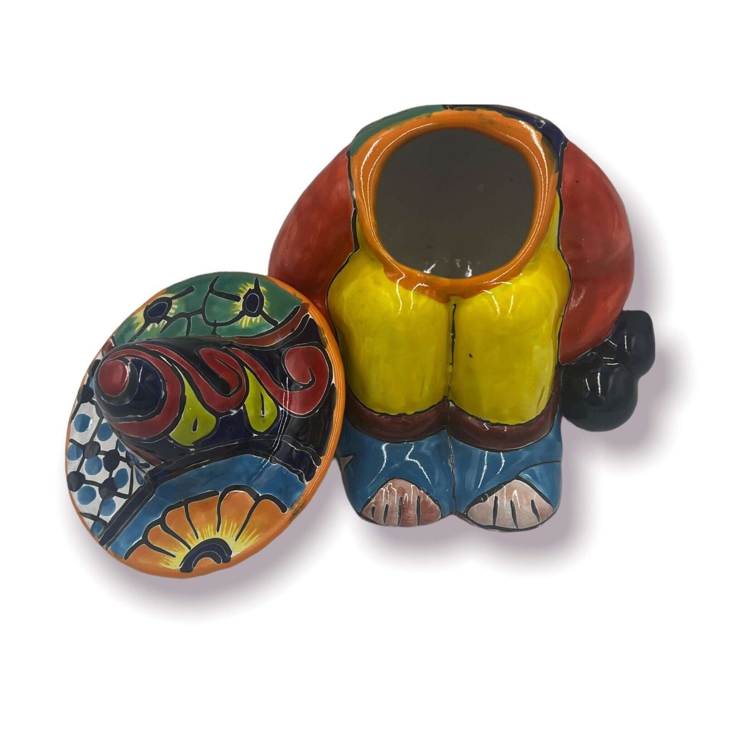 Talavera Canister with Lid | Sleeping Panchito Mexican Pottery Jar - hand-painted Talavera snoozing figure canister with colorful lid
