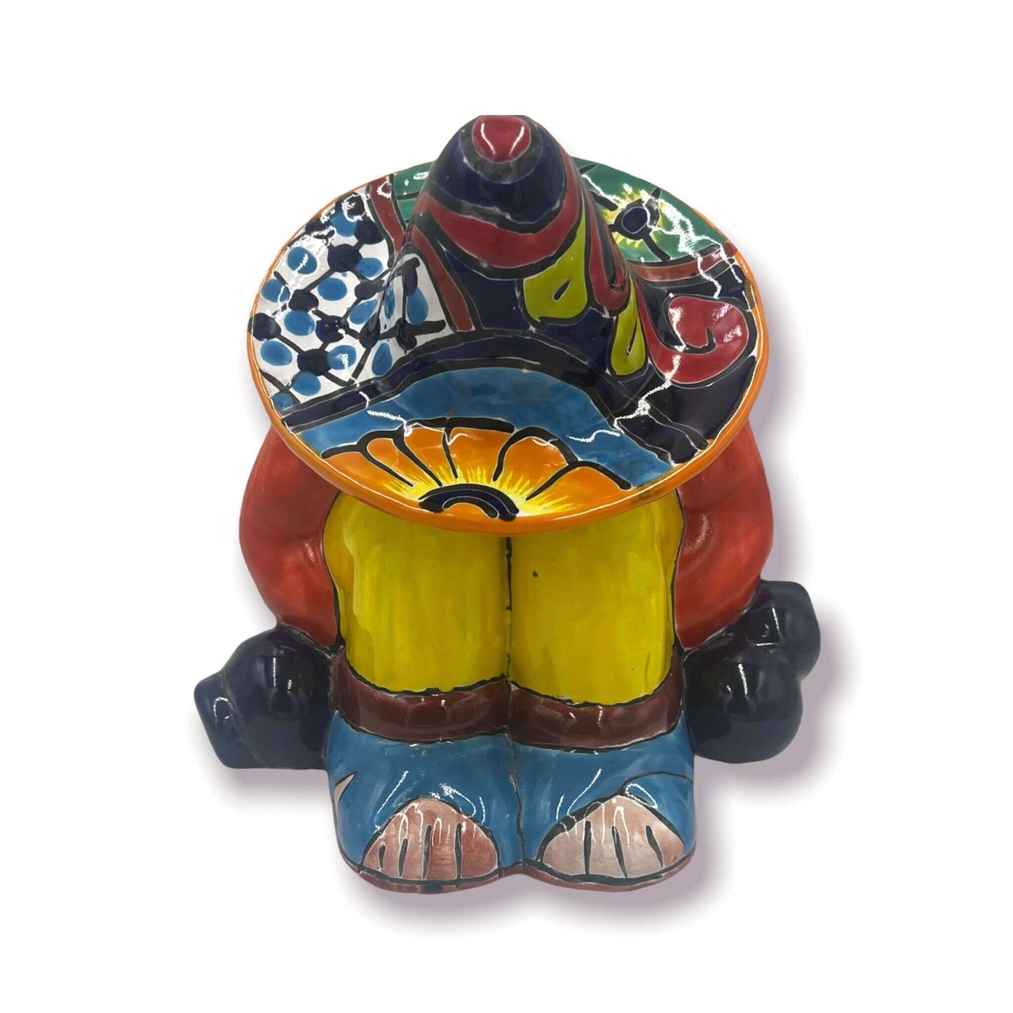 Talavera Canister with Lid | Sleeping Panchito Mexican Pottery Jar hand-painted Talavera snoozing figure canister with colorful sombrero lid