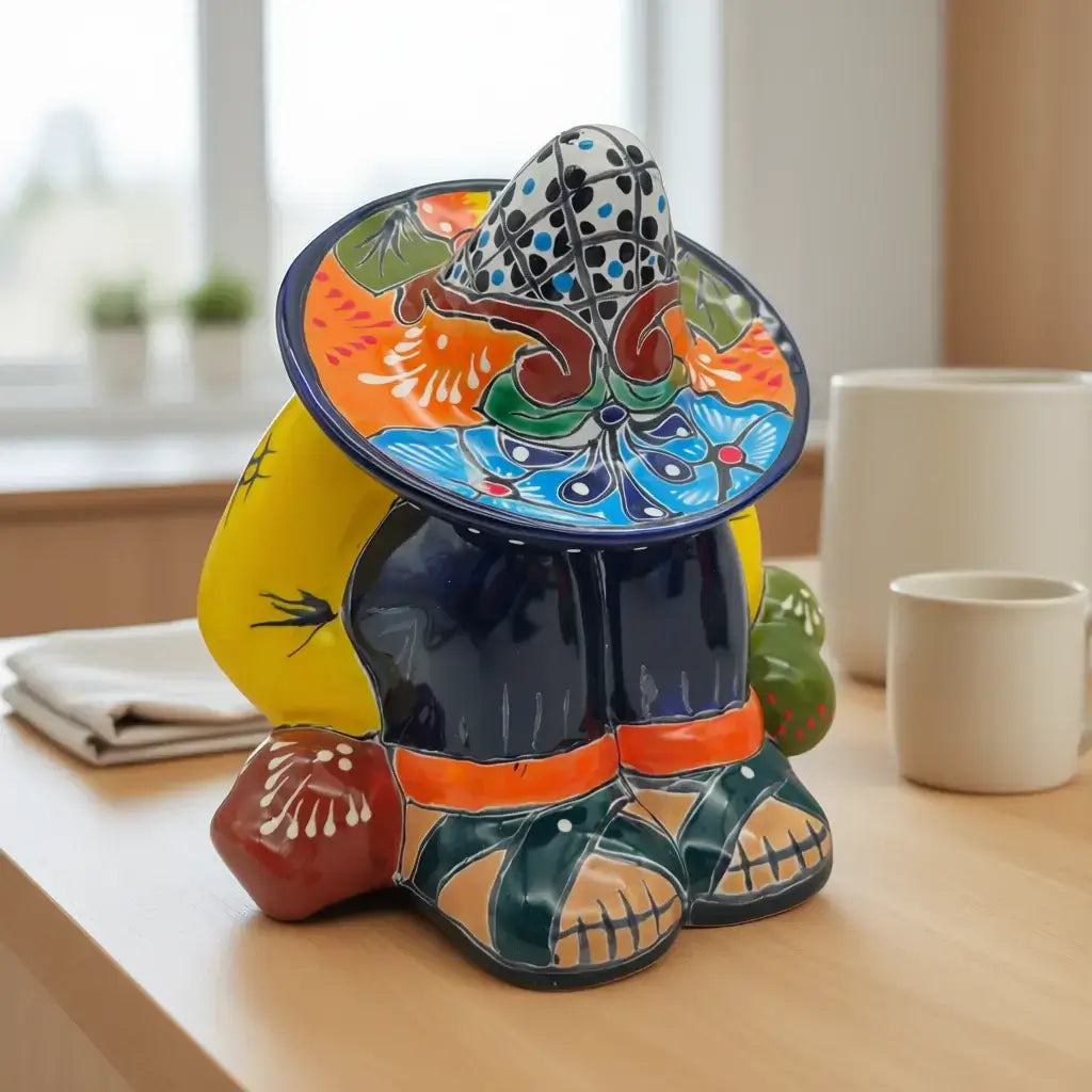 Talavera Canister with Lid | Sleeping Panchito Mexican Pottery Jar - hand-painted Talavera ceramic canister with colorful sleeping figure and lid