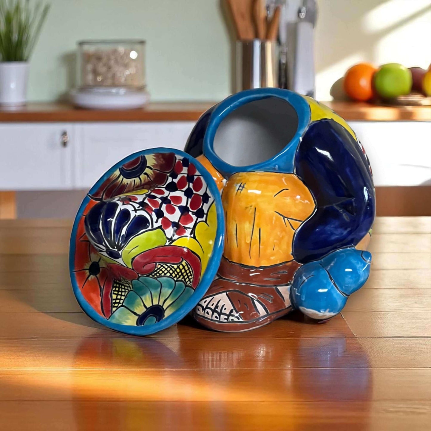 Talavera Canister with Lid | Sleeping Panchito Mexican Pottery Jar - hand-painted Talavera sleeping panchito canister with lid, vibrant colors, Guanajuato craftsmanship