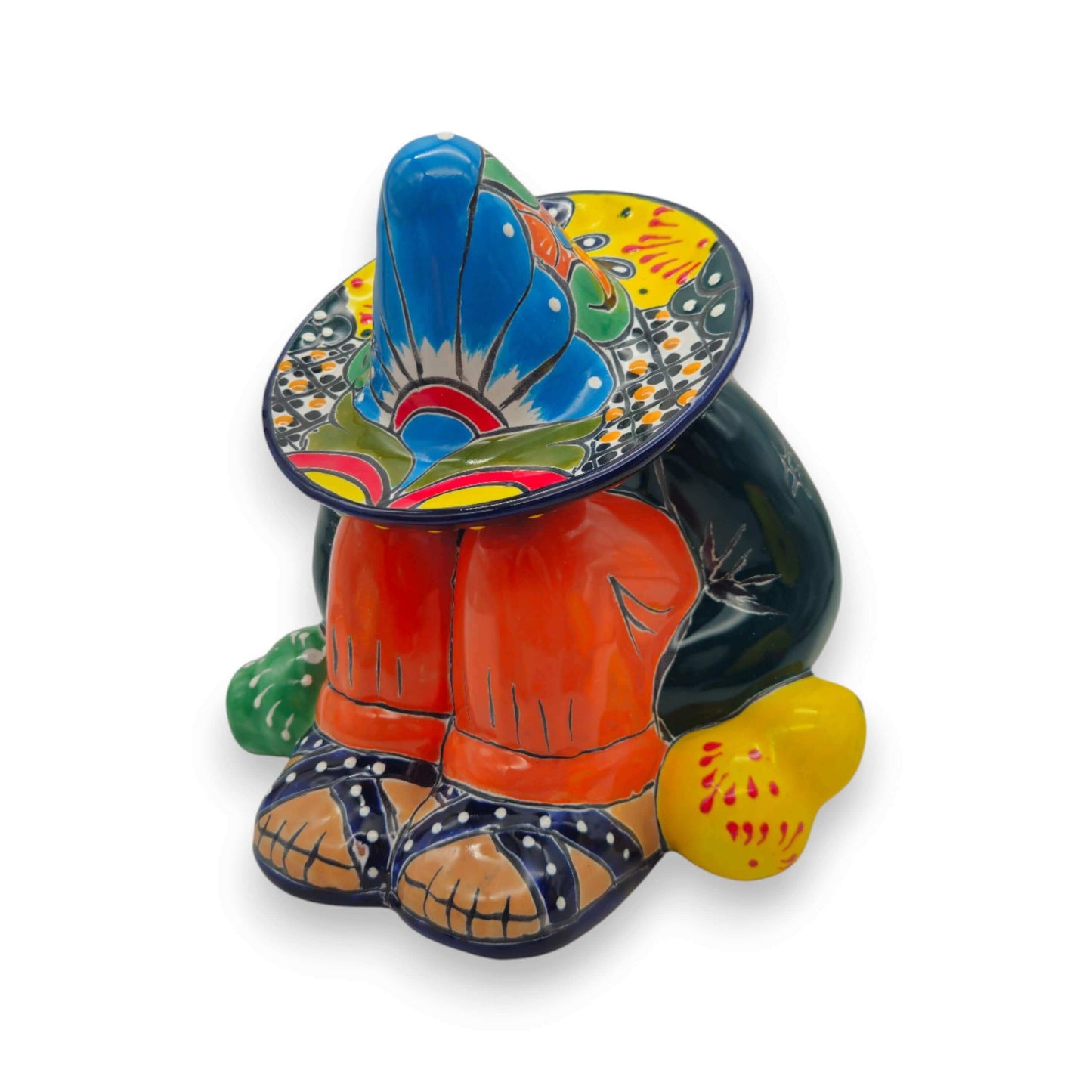 Talavera Canister with Lid | Sleeping Panchito Mexican Pottery Jar - hand-painted Talavera snoozing figure canister from Guanajuato, lead-free glaze