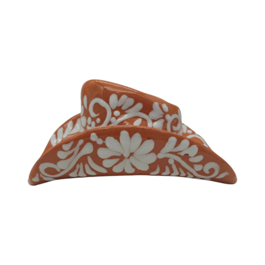 Talavera Sombrero Planter | Brown & White Floral Design showcasing a handcrafted design with traditional floral patterns.