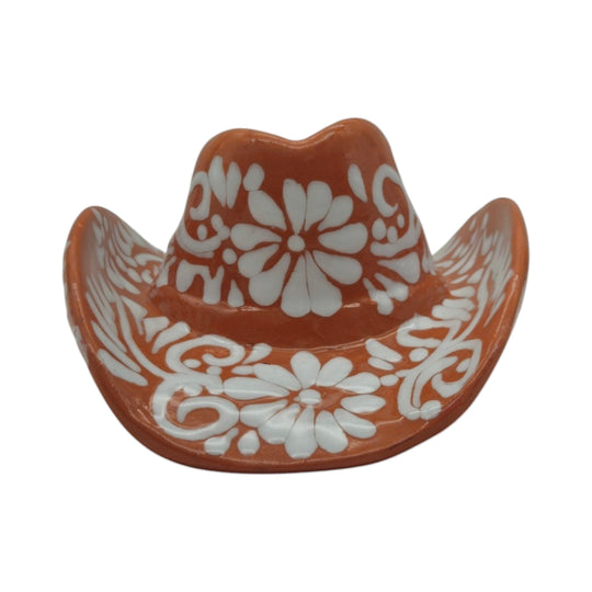 Talavera Sombrero Planter | Brown & White Floral Design - Handcrafted planter with floral pattern in orange and white.