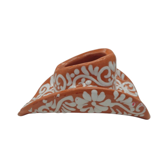 Talavera Sombrero Planter | Brown & White Floral Design showcasing intricate floral patterns.