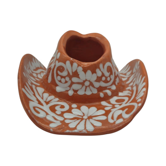 Talavera Sombrero Planter | Brown & White Floral Design - Unique handcrafted planter with traditional floral pattern.