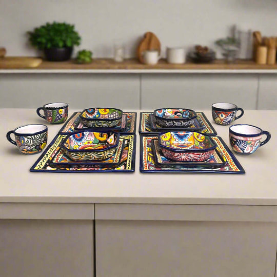 Talavera Square Dinnerware Set | 16-Piece Mexican Pottery Set - hand-painted vibrant square plates, bowls and mugs on kitchen counter