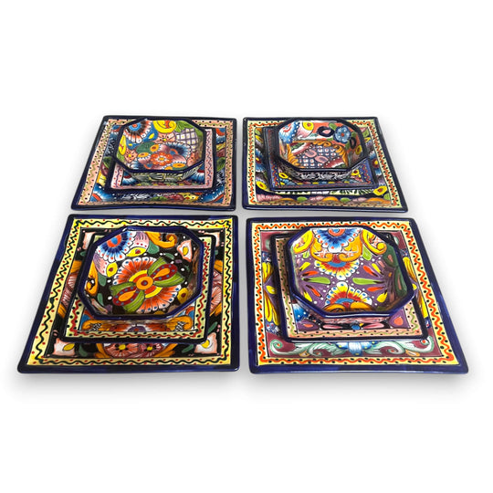 Talavera Square Dinnerware Set | 16-Piece Mexican Pottery Set - hand-painted colorful square plates, bowls and mugs from Guanajuato, Mexico