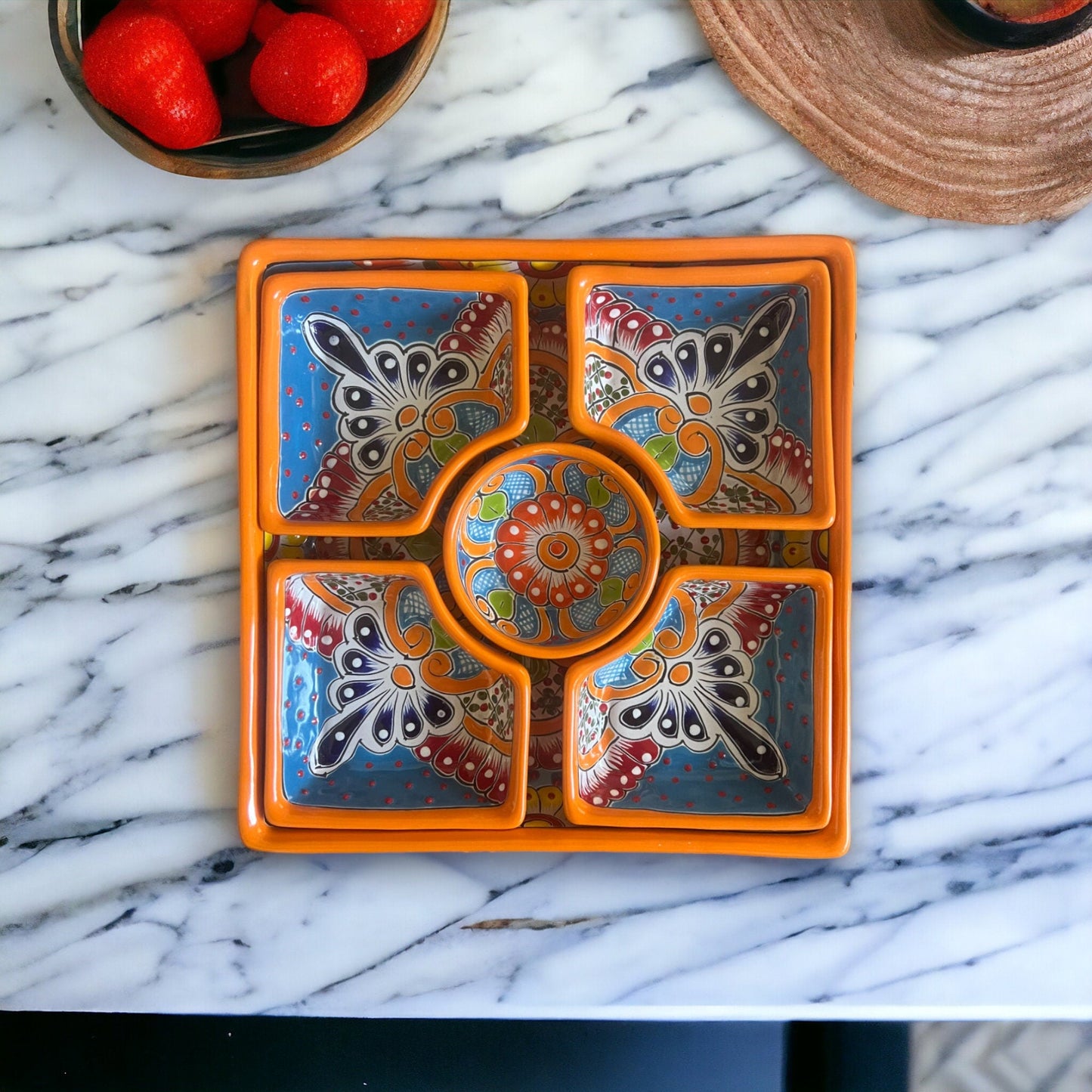 Talavera Square Appetizer Tray | Mexican Hand-Painted Sectional Serving Platter Set