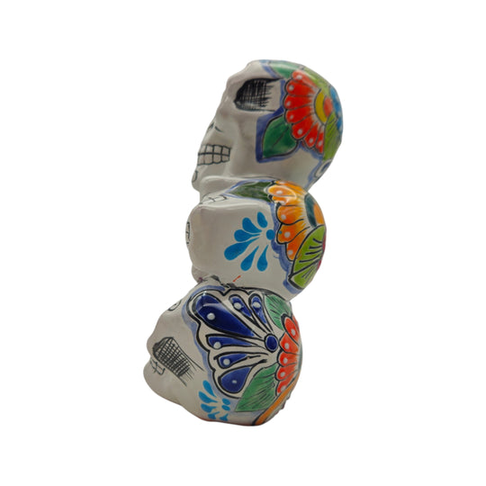 Talavera Stacked Skulls Statue - white background product view 4