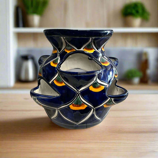 Talavera Strawberry Planter | Blue Peacock Design hand-painted cobalt blue ceramic strawberry planter with peacock-feather pattern