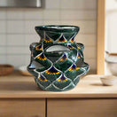 Talavera Strawberry Planter | Green Peacock Design hand-painted glossy green peacock motif strawberry planter with multiple side openings
