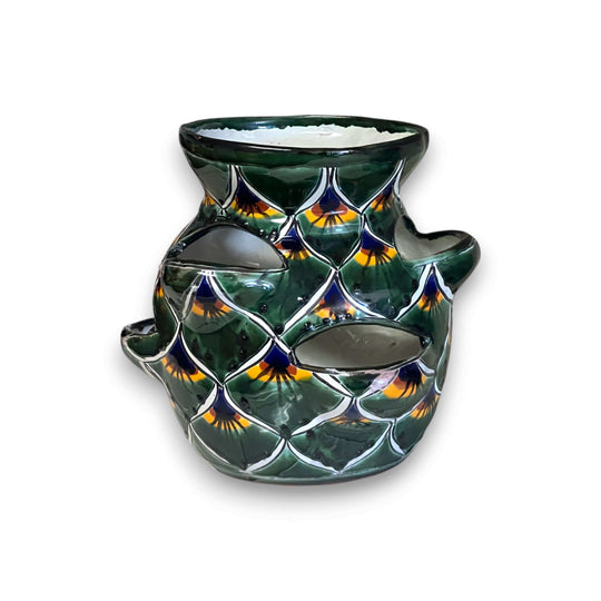 Talavera Strawberry Planter | Green Peacock Design - hand-painted green peacock-patterned ceramic planter with multiple side openings
