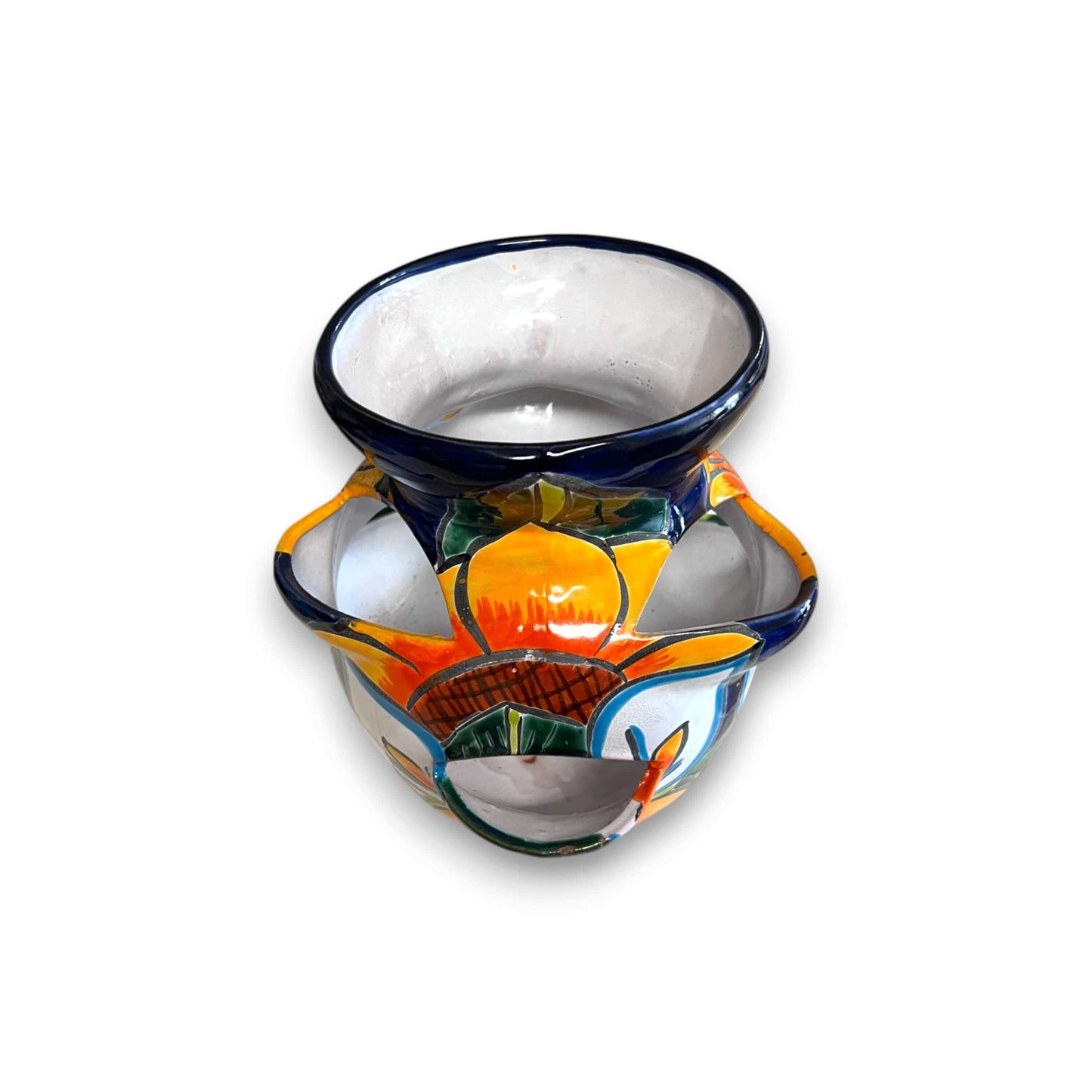 Talavera Strawberry Planter | Sunflower Lily Design hand-painted Mexican ceramic planter with orange sunflower and lily motifs