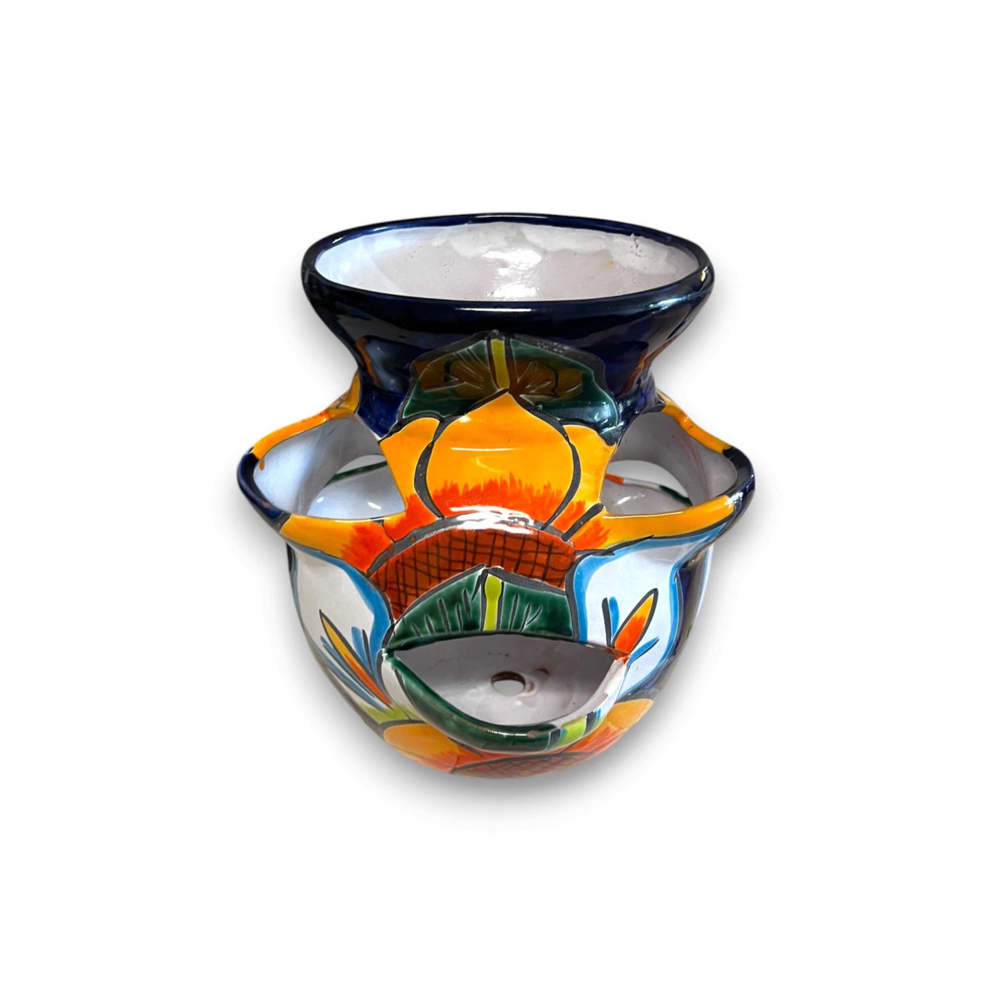 Talavera Strawberry Planter | Sunflower Lily Design hand-painted Talavera ceramic strawberry planter with orange sunflower and lily motifs