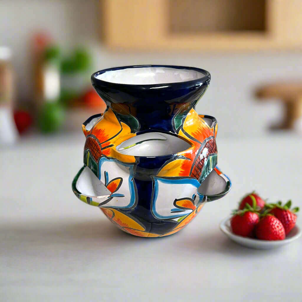 Talavera Strawberry Planter | Sunflower Lily Design hand-painted sunflower and lily ceramic strawberry planter from Guanajuato, Mexico