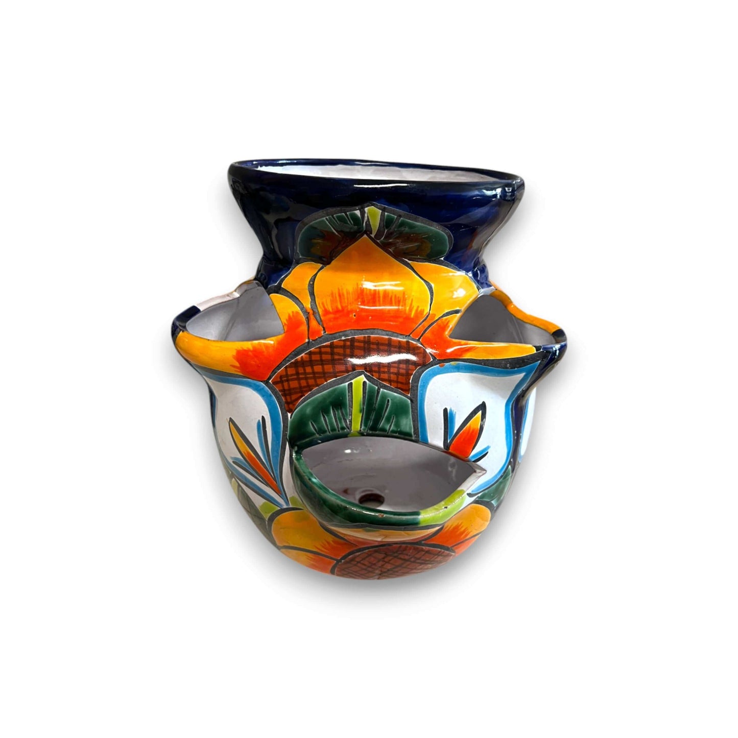 Talavera Strawberry Planter | Sunflower Lily Design handcrafted Talavera strawberry planter with bold orange, yellow sunflower and lily motifs
