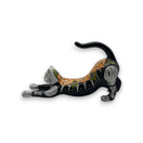 Talavera Stretching Cat Figurine | Hand-Painted Calavera Art - black stretching Talavera cat with white skeletal accents and red floral back