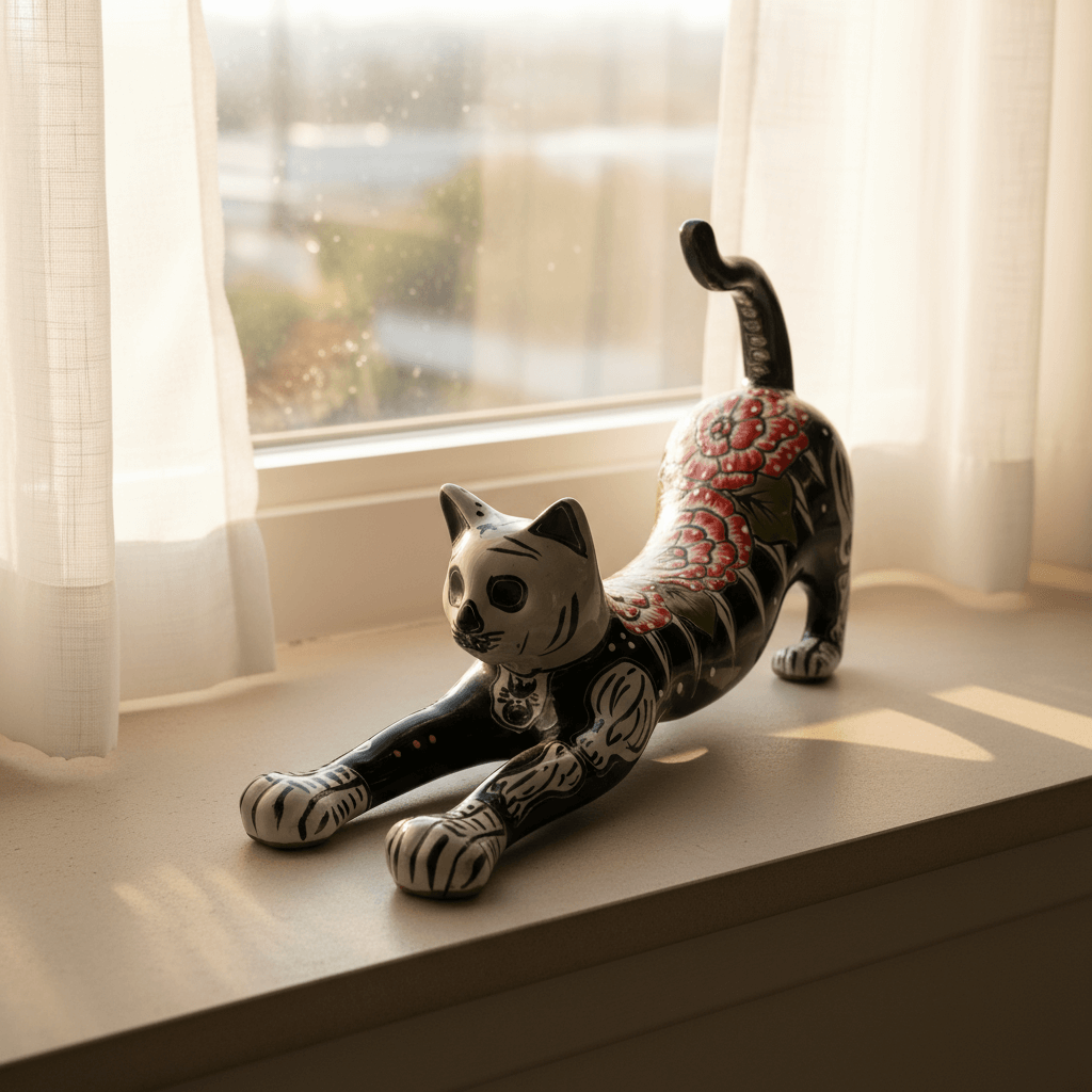 Talavera Stretching Cat Figurine | Hand-Painted Calavera Art - black, hand-painted ceramic cat with red floral design on windowsill