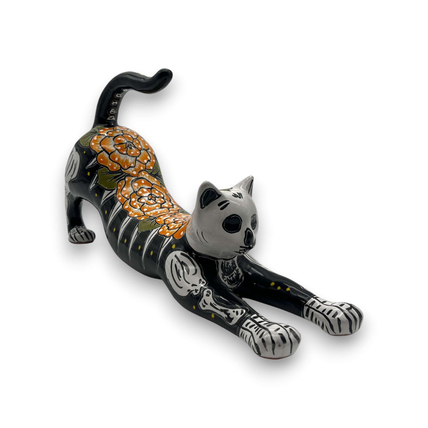 Talavera Stretching Cat Figurine | Hand-Painted Calavera Art - black hand-painted ceramic cat with orange floral spine, stretching pose, kiln-fired lead-free glaze