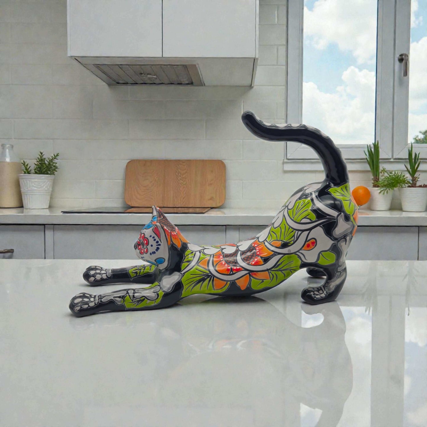 Talavera Stretching Cat Figurine | Mexican Day of the Dead Art - handcrafted colorful cat stretching with floral and skeletal motifs