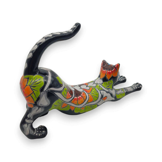 Talavera Stretching Cat Figurine | Mexican Day of the Dead Art - handpainted black cat with orange, green floral and skeletal motifs
