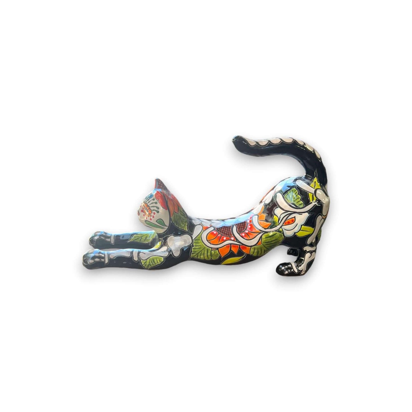 Talavera Stretching Cat Figurine | Mexican Day of the Dead Art - handpainted orange green black floral skeleton stretching cat decor