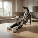 Talavera Stretching Cat Figurine | Hand-Painted Calavera Art - black hand-painted ceramic cat with red floral accents, made in Guanajuato, Mexico