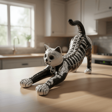 Talavera Stretching Cat Figurine | Hand-Painted Calavera Art - black hand-painted ceramic cat with red floral accents, made in Guanajuato, Mexico