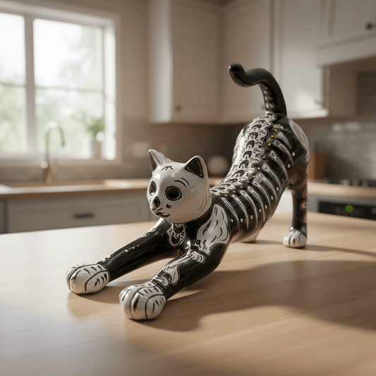 Talavera Stretching Cat Figurine | Hand-Painted Calavera Art - black hand-painted ceramic cat with red floral accents, made in Guanajuato, Mexico