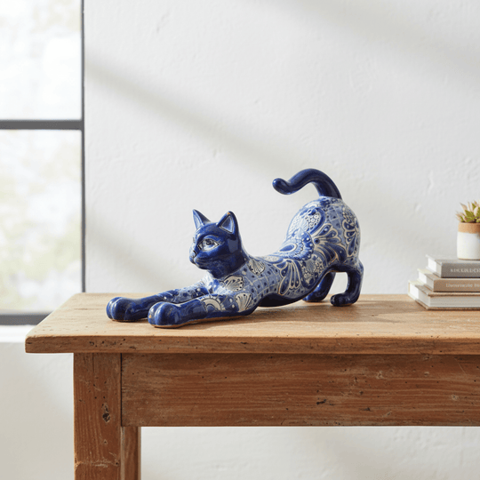 Talavera Stretching Cat Statue - lifestyle product view 1